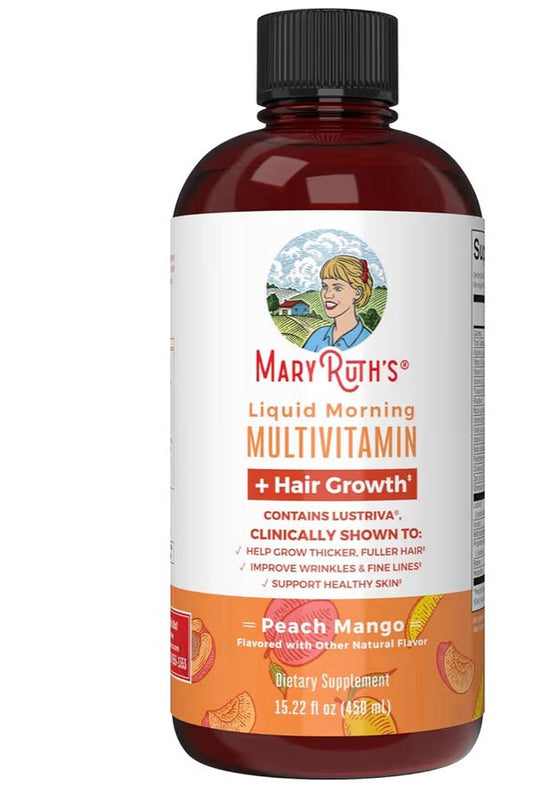 MaryRuth's, Suplemento multivitamínico matutino líquido para favorecer el crecimiento del cabello, Melocotón y mango, 450 ml